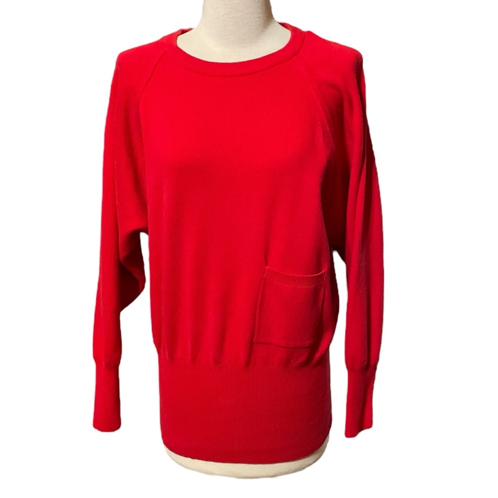 Casual Corner Red Crew Neck Sweater Bat Wing Sleeves Wide 6" Banded Bottom Sz L